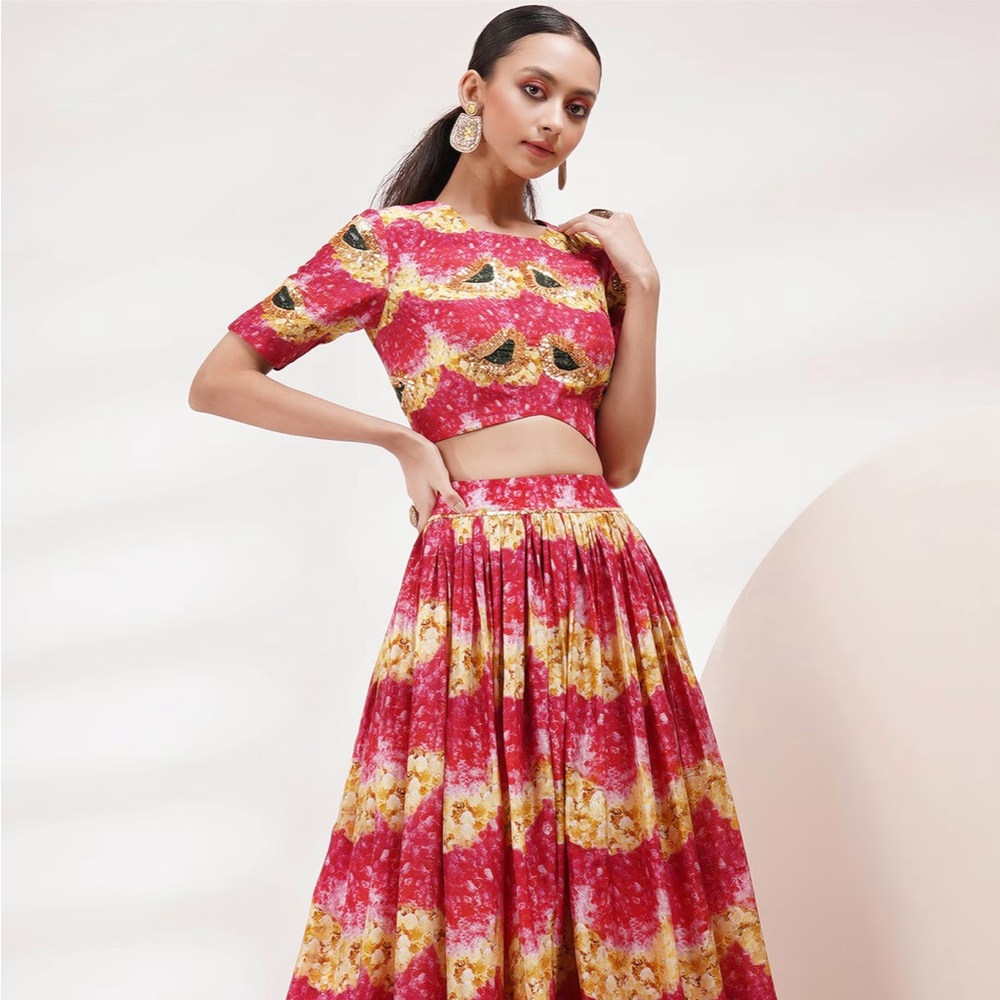Vibrant Women's Lehenga Skirt Set in Red and Yellow - Picture 2 of 5